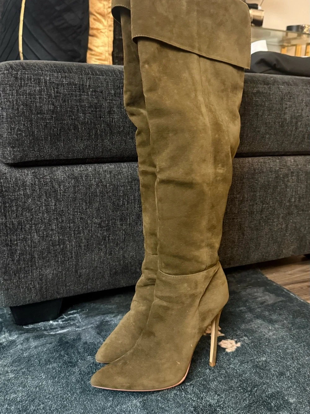 Women's Olive Green Over-the-Knee Suede High-Heel Boots